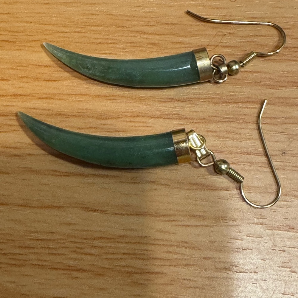 Vintage Green Jade Gold-toned Hook Earrings